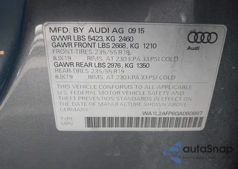 2016 Audi Q5 2.0T Premium z USA, uszkodzony, nr VIN WA1L2AFP8GA060897